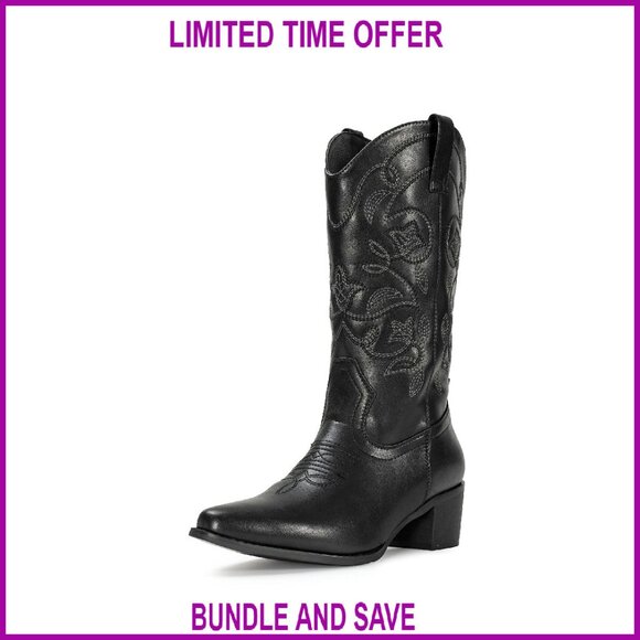 Pointy Toe Western Cowgirl Boots Mid Calf Synthetic Leather Comfort Heel